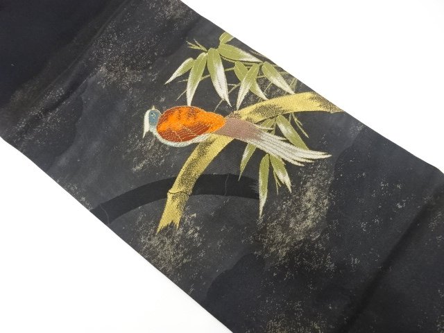 竹笹に鳥模様織り出し　名古屋帯